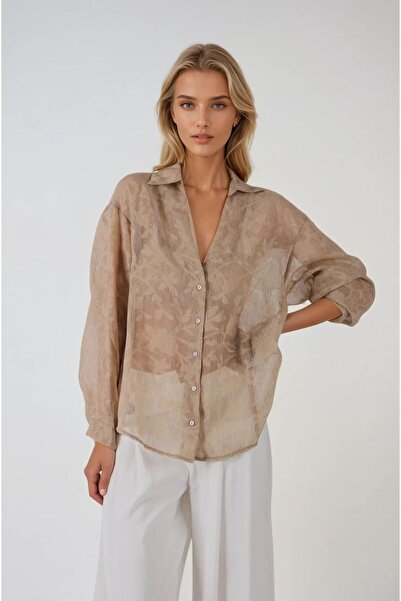 FABB Bej Transparan Jakarlı Gömlek