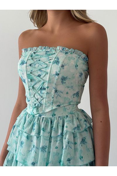 FASHION COCKTAIL Frilly Mini Skirt & Bodice Detailed Strapless Crop Romantic Floral Summer Duo Pastel Color Set