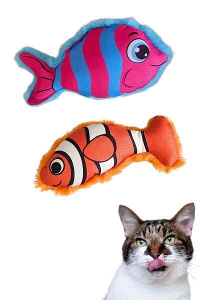 Miyav Plush Fish Cat Toy Set (2 Pieces) Blue and Orange Colored Activity Toy for Cats