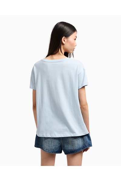 Armani Exchange Tricou de damă cu blană V Yala, bumbac, cu mânecă scurtă, albastru deschis XW 000531   AF10359-U9278