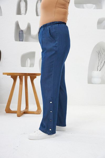 RMG Plus Size Blue Tnsel Trousers - Buttoned Leg and Detailed Elastic Waist