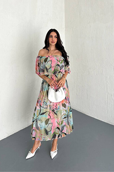 Neşeli Butik Women's Patterned Summer Midi Length Chiffon Dress Nbk018