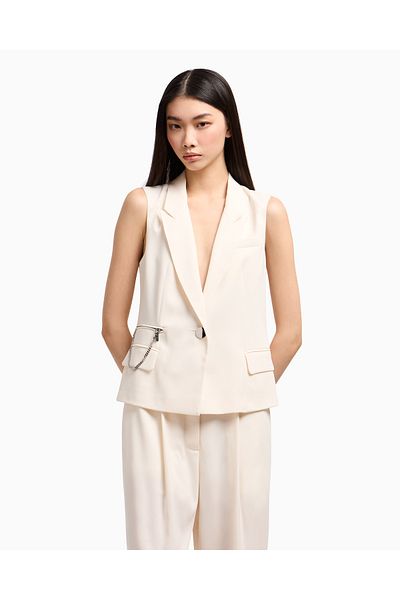 Armani Exchange سترة نسائية من القماش المنسوج بزر واحد وياقة مدببة بدون أكمام باللون البيج XW 000435   AF12749-U1003