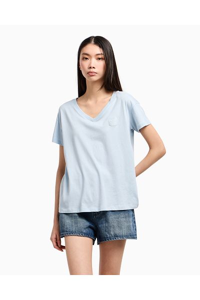 Armani Exchange Tricou de damă cu blană V Yala, bumbac, cu mânecă scurtă, albastru deschis XW 000531   AF10359-U9278