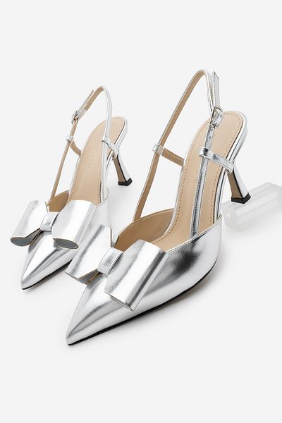 Marjin Damen-Stiletto-Schuhe mit Schleife und offenem Rücken in Losi-Silber