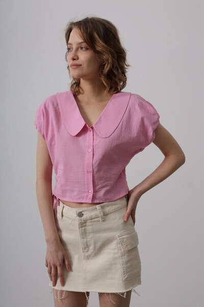 Modayakamoz Bluză cu guler tip Peter Pan și legături laterale - Roz