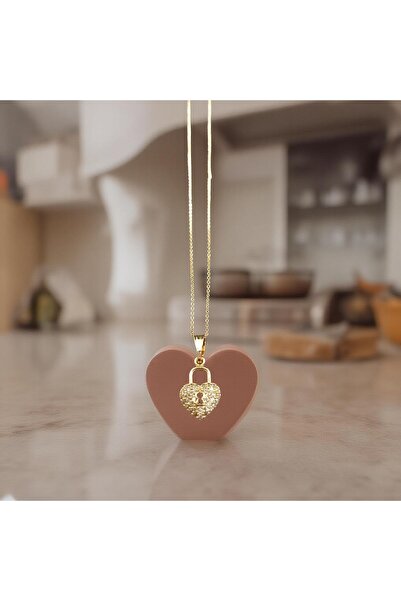 stainless steell الذهب رمز الحب اللون، قفل، قلادة قلب الزركون