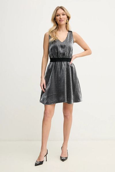 Armani Exchange Women Elastic Waist Band Two Side Pockets Satin Shiny Fabric V Neck Black Dress Xw 000177   Af12055-Fc043