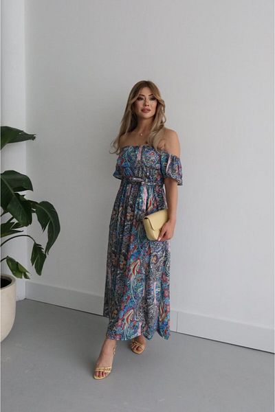 Modayakamoz Rochie maxi din jerseu cu mânecă scurtă pentru femei, cu guler Madonna, cu volane, cu fante în talie