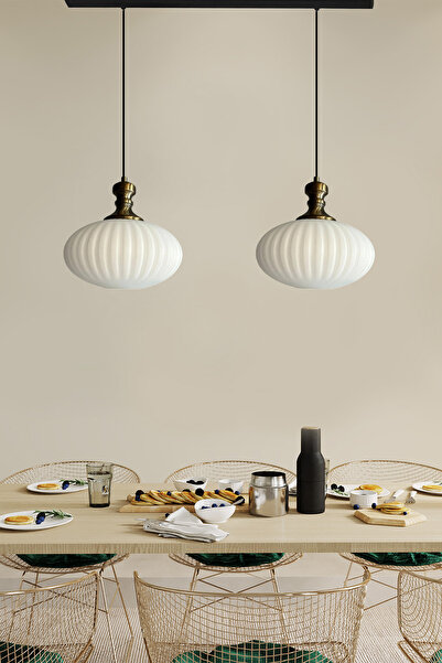 Bamyum Elegant Cam Beyaz İkili Avize Eskitme Tokmak Başlık Sarkıt Lamba Resto...