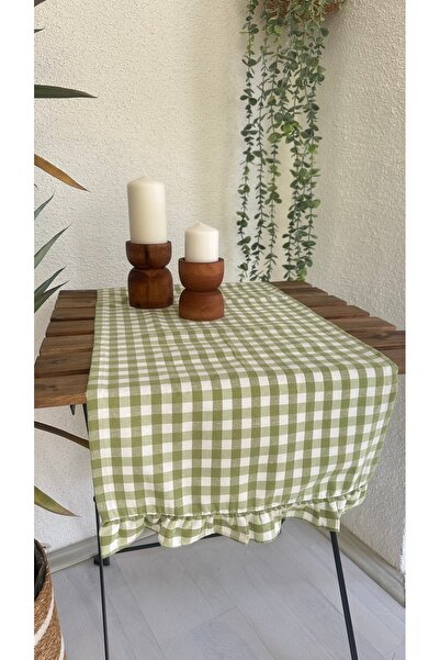 Decamor home Fırfırlı Runner Vintage Pötikareli Keten Açık Yeşil Runner