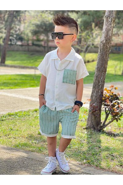 Yalçınoğlu Kids Costum de vară pentru băieți - Combinație cămașă + pantaloni scurți - Set cool de vară pentru băieți - țesătură elastică -