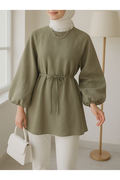 Modamorfo Round Neck Waist Lace up Balloon Sleeve Tunic - Olive