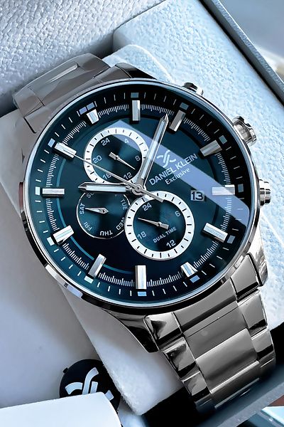 Daniel Klein Exclusive Men's Wristwatch 3 Atm Waterproof Silver Color Steel Strap + Natural Stone Bracelet Elg102