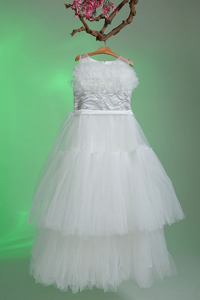 Pina Kids Girl's Evening Dress with Stone Embroidered Waist and Tulle Embellishment on the Chest Aby.2303