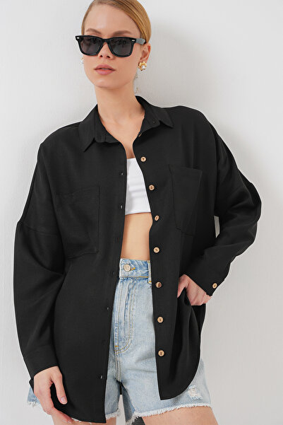 Bigdart 20126 Oversize Keten Gömlek - Siyah