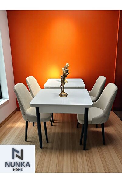 NUNKA HOME 4 Kişilik Kelebek Açılır Yemek Masası Takımı Krem Baybface Kumaş Sandalye Modern Şık Tasarım