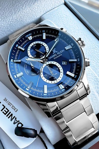 Daniel Klein Exclusive Men's Wristwatch 3 Atm Waterproof Silver Color Steel Band + Natural Stone Bracelet Elg105