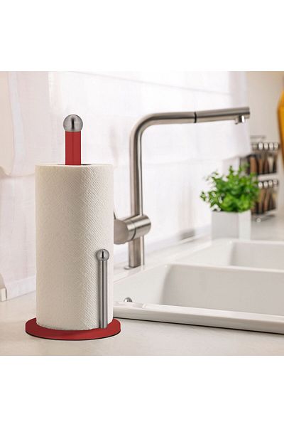 Relaxdays Kitchen Towel Or Toilet Paper Roll Holder, Stainless Steel, Red/silver, 35 X 15 Cm