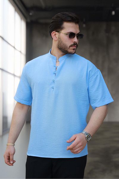 Valiberta Oversize Half Placket Bamboo Short Sleeve Shirt - Light Blue