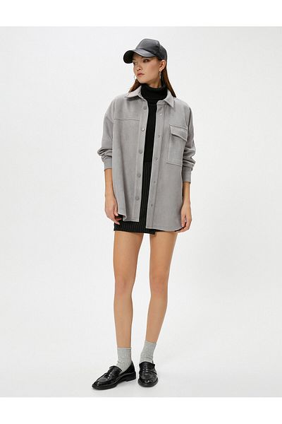 Koton Suede Look Shirt Long Sleeve with Snap Closure Pocket