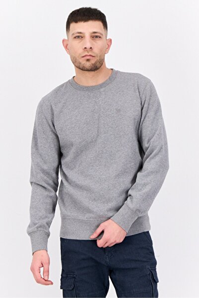 AMERICAN EAGLE سويت شيرت رجالي بأكمام طويلة وياقة دائرية مطرزة بشعار، رمادي
