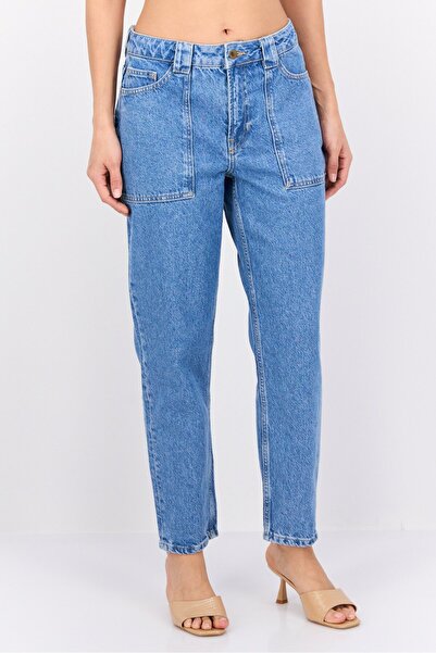 NAH/ Studio بنطلون جينز نسائي متوسط الارتفاع بقصة مستقيمة بدون تمدد، أزرق متوسط