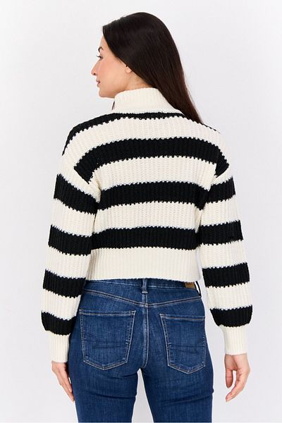 PİNK ROSE Women Mock Neck Long Sleeves Stripe Sweaters, Multicolor