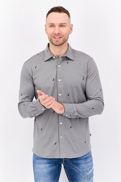Nautica Men Classic Fit Embroidered Logo Long Sleeve Casual Shirt, Grey