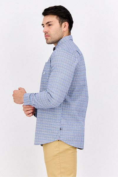 Nautica Men Classic Fit Checkered Long Sleeves Casual Shirts, White/blue