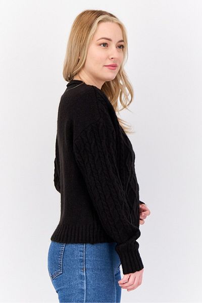 No Comment Women V-neck Button Front Cable Chunky Cardigan, Black