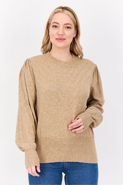 Madison + Hudson Women Mock Neck Puff Sleeves Heather Sweater, Tan
