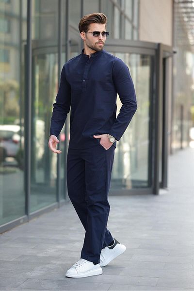 Madmext Ανδρικό πουκάμισο Navy Blue 100% Cotton Len E7310