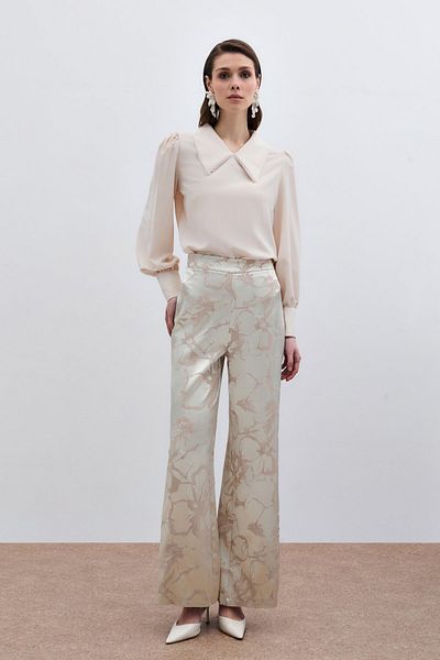 Sateen Beige Color Pearl Collar Blouse