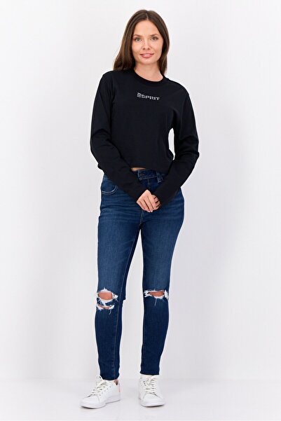 Esprit Women Crew Neck Long Sleeve Long Sleeve Brand Logo T-Shirts, Black