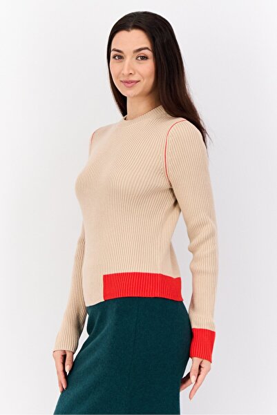 Esprit Women Crew Neck Ribbed Sweater, Tan