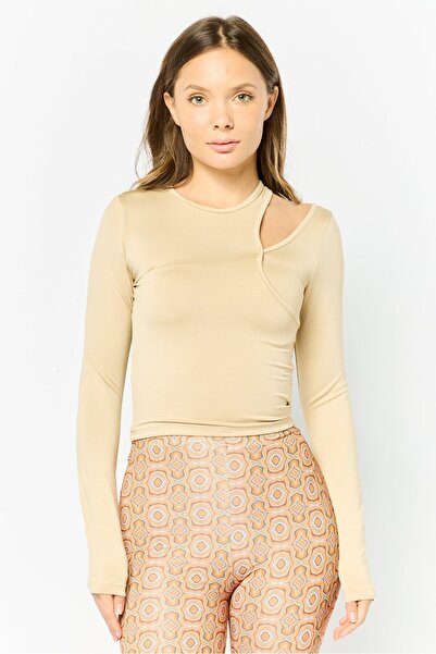 Don't Call Me Jennyfer Women Round Neck Long Sleeves Plain Top, Beige