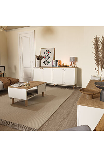 Mezza Set 1280-2100-1700 Monza Membran (MDF KAPAKLI) Bohem Tv Ünitesi-orta Sehpa-konsol Seti Sepet-beyaz