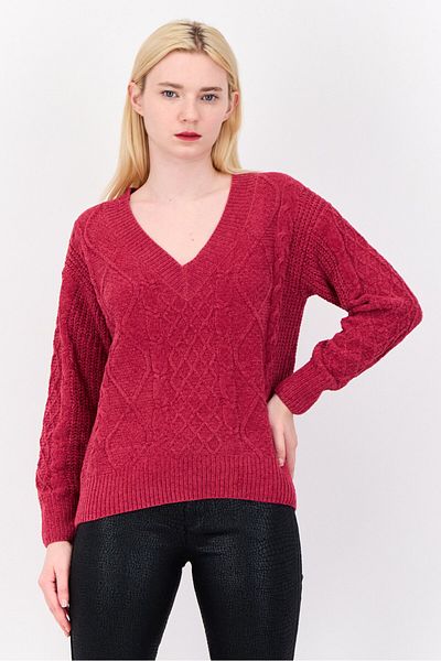 PİNK ROSE Women V-neck Textured Sweater, Magenta