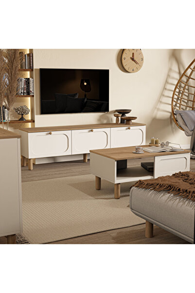 Mezza Set 1280-2100-1700 Monza Membran (MDF KAPAKLI) Bohem Tv Ünitesi-orta Sehpa-konsol Seti Sepet-beyaz