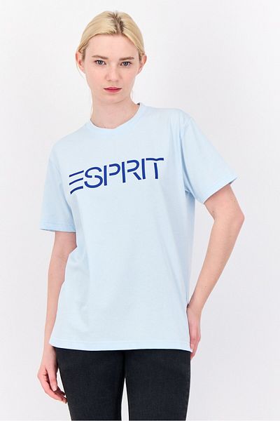 Esprit Women Crew Neck Brand Logo Short Sleeves T-shirt, Light Blue