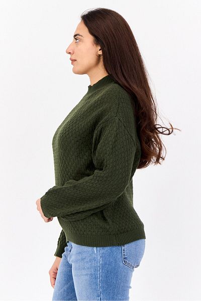 No Comment Women Ribbed Collar Textured Sweaters, Dark Green