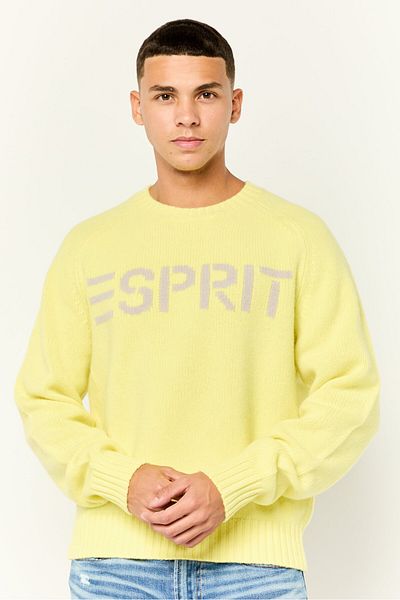 Esprit Men Ribbed Collar Embroidered Logo Sweaters, Acid Yellow