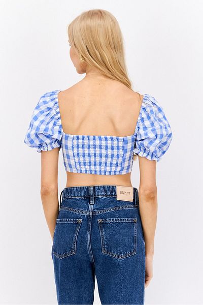 Monki Women Sweetheart Neck Puff Shoulder Checkered Blouse, Blue