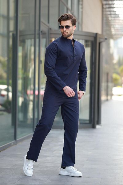 Madmext Ανδρικό πουκάμισο Navy Blue 100% Cotton Len E7310