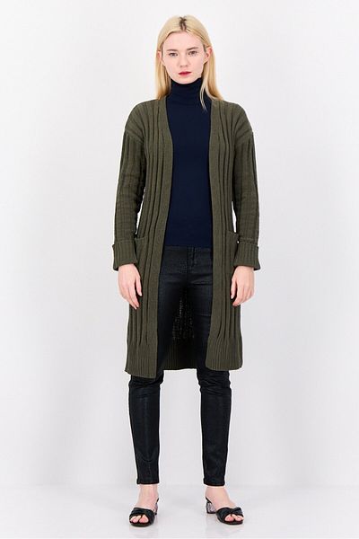 PİNK ROSE Women Split Neck Textured Cardigans, Dark Olive