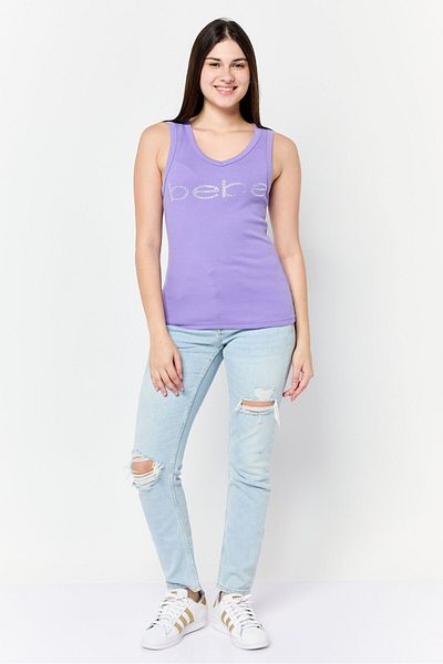 Bebe Women V-neck Sleeveless Brand Logo Tank Top, Purple