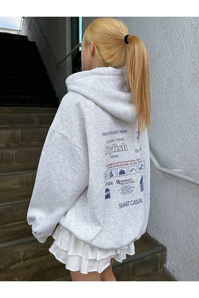 DUBU BUTİK Γκρι φούτερ με κουκούλα Oversize - Κομψή σχεδίαση, Χειμώνας Χοντρό