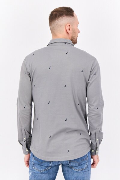 Nautica Men Classic Fit Embroidered Logo Long Sleeve Casual Shirt, Grey