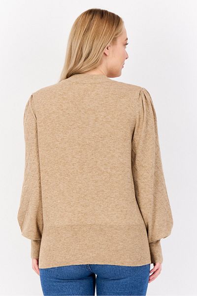 Madison + Hudson Women Mock Neck Puff Sleeves Heather Sweater, Tan